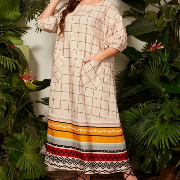 Casual Cream & BOTTOM Pattern Dress with Pockets - Picture 4 of 9